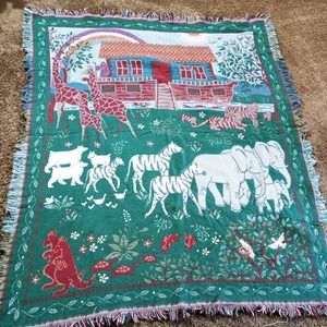 Noah's Ark Afghan Goodwin Weavers Throw Blanket Elephants Zebras Rainbows (su1)